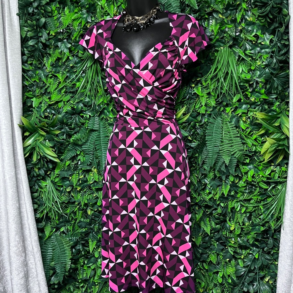 Leota Dress Small Purple‎ Geometric Print Faux Wrap Flutter Sleeve Midi 3909